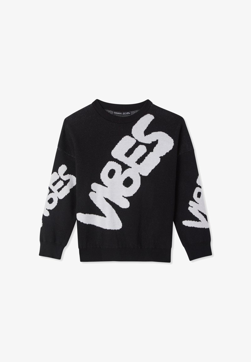 Maglione nero a maglia con grande scritta bianca "VIBES". Scollo rotondo, maniche lunghe, polsini e orlo a coste.