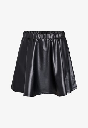 Black leather skirt with an elastic waistband, a flared design, and a smooth, shiny texture. Knee-length with a simple hem.