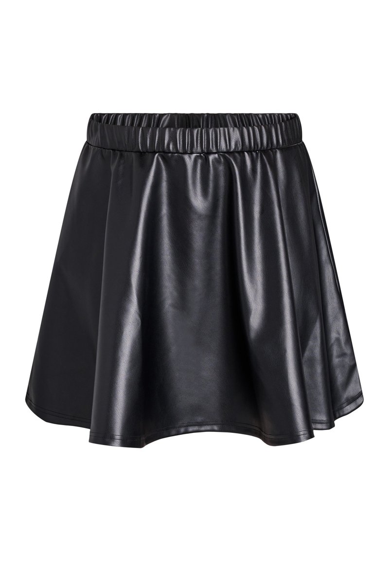 Zwarte leren rok met een elastische tailleband, een vloeiende uitstraling en een gladde, glanzende textuur. Tot de knie met een eenvoudige zoom.