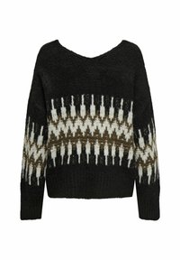 Schwarzer Pullover mit weitem Ausschnitt, versehen mit einem geometrischen Muster in Weiß und Braun über der Brust, aus strukturiertem Strickstoff.