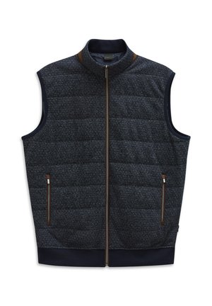 Gilet imbottito blu navy con colletto alto, tessuto testurizzato, tasche laterali e dettagli della cerniera marrone a contrasto. Design senza maniche.