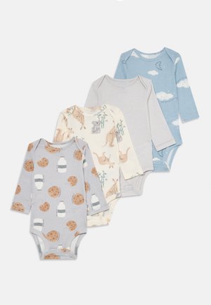 Quattro body per bambini a manica lunga: grigio con stampe di biscotti, crema con canguro e bamboo, grigio chiaro a righe e blu con motivi di nuvole.