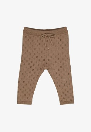 Braune Strickhose mit einem strukturierten Muster, elastischem Bund und Kordelzug. Verfügt über kleine herausgeprägte Designs im gesamten Stoff.