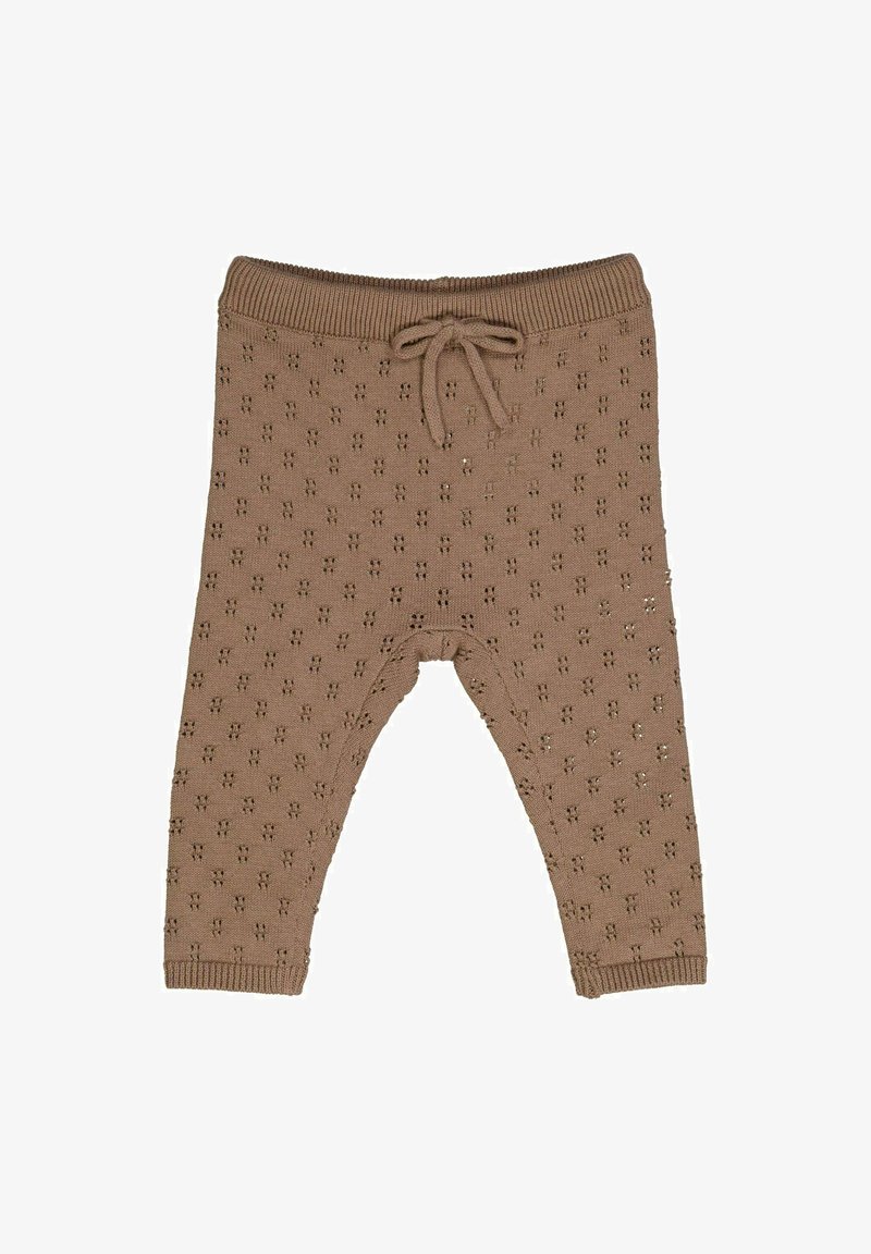 Pantaloni in maglia marroni con un motivo testurizzato, vita elasticizzata e cordoncino. Presentano piccoli disegni in rilievo su tutta la stoffa.