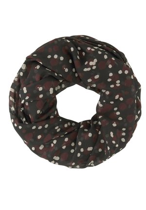 Écharpe infinity noire avec un motif à pois irréguliers rouge foncé et blanc, tissu léger et transparent, forme circulaire.