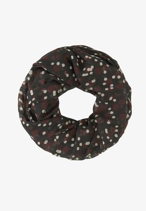 Écharpe infinity noire avec un motif à pois irréguliers rouge foncé et blanc, tissu léger et transparent, forme circulaire.