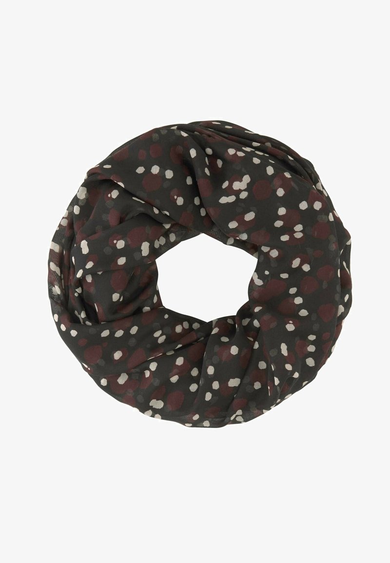 Zwarte infinity-sjaal met onregelmatig donkerrood en wit polkadotpatroon, lichtgewicht en doorschijnende stof, ronde vorm.