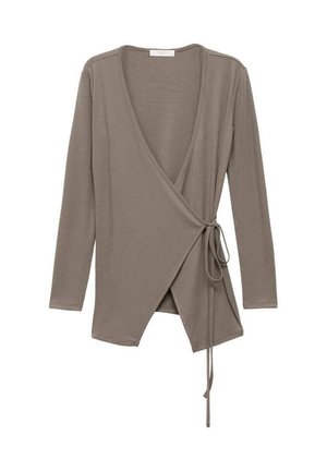 Taupe Wickelcardigan mit langen Ärmeln, Bindegürtel und tiefem V-Ausschnitt. Aus strukturiertem Stoff gefertigt, mit lockerer Passform und abgerundetem Saum.