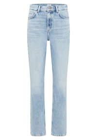 Vaqueros de mezclilla azul claro con talle alto y corte recto. Cuentan con cinco bolsillos, cierre de botón frontal y un ligero desgastado en toda la prenda.