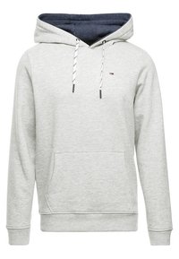 Felpa con cappuccio grigia chiara in morbido tessuto, dotata di cappuccio con coulisse, tasca frontale e rivestimento interno blu navale. Include un discreto dettaglio del logo.