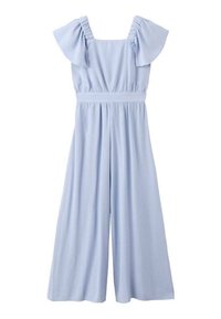 Lyseblå heldragt med firkantet halsudskæring, flagrende ærmer og elastisk talje. Fremstillet af tekstureret stof med vide ben.