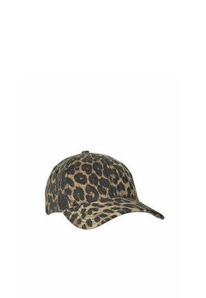 Basecap mit braun-schwarzem Leopardenmuster, gebogenem Schirm und sechsteiliger Kronenkonstruktion.