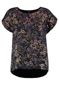 Top negro de manga corta con estampado floral en rosa, púrpura y amarillo. Presenta un cuello redondo y una parte trasera ligeramente más larga.
