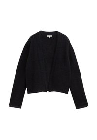 Schwarze, kurz geschnittene Strickjacke aus strukturiertem Strickstoff, mit offenem Frontdesign und langen Ärmeln. Keine Verschlüsse oder Verzierungen.