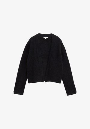 Schwarze, kurz geschnittene Strickjacke aus strukturiertem Strickstoff, mit offenem Frontdesign und langen Ärmeln. Keine Verschlüsse oder Verzierungen.