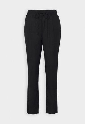 Pantaloni neri con vita elastica e cordoncino. Design a gamba dritta con sottili pieghe, realizzati in un tessuto morbido e leggero.