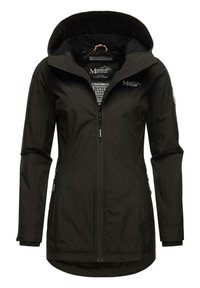 Black waterproof jacket with a zip front, adjustable hood, and elastic cuffs. Features side pockets and a logo on the chest. Smooth texture.