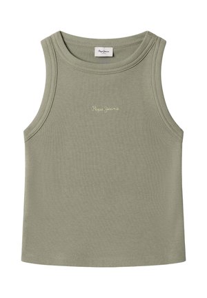 Ärmelloses, geripptes Tanktop in hellem Olivgrün mit rundem Ausschnitt und "Pepe Jeans"-Logo, das in kleiner, hellgelber Schrift in der Mitte aufgestickt ist.