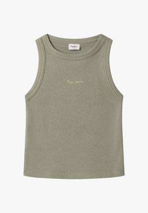Camiseta sin mangas, de punto acanalado, color verde oliva claro, con escote redondo y logo de "Pepe Jeans" bordado en pequeño texto amarillo claro en el centro.