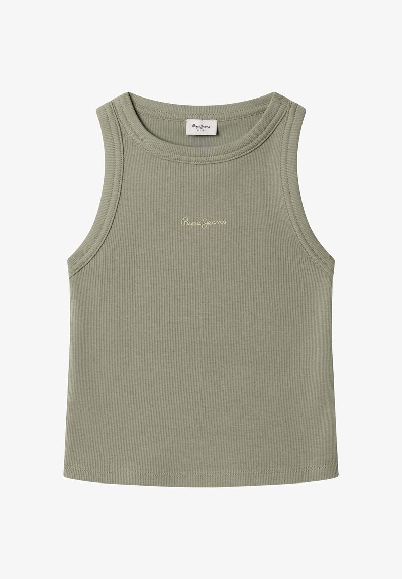 Bezrukávové rebrované svetlo olivovo zelené tielko s okrúhlym výstrihom a logom "Pepe Jeans" vyšité v malom svetložltom písme v strede.