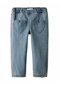 Pantaloni in denim azzurro chiaro per bambini con cintura elastica e due tasche posteriori a forma di cuore, taglio dritto.