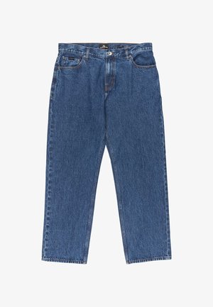 Siniset farkut suoran lahkeen muotoilulla, jossa on napitus- ja vetoketjukiinnitys, viisi taskua ja näkyviä ompelutietoja.