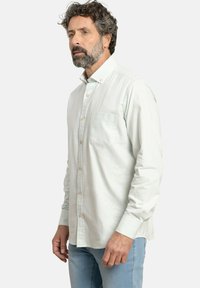 Camisa de botones a rayas verde claro con un bolsillo en el pecho; cuenta con un collar y mangas largas con puños abotonados; textura de tela suave.
