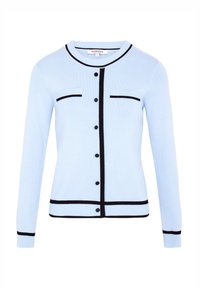 Cardigan lavorato a maglia azzurro chiaro con rifiniture nere, chiusura a bottoni e due tasche superiori. Presenta un collo rotondo e maniche lunghe.