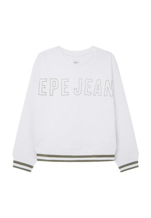 Sweatshirt à col rond et manches longues blanches avec le texte "PEPE JEANS" sur la poitrine et des poignets et un ourlet rayés verts et blancs.