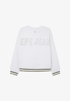 Sweatshirt à col rond et manches longues blanches avec le texte "PEPE JEANS" sur la poitrine et des poignets et un ourlet rayés verts et blancs.
