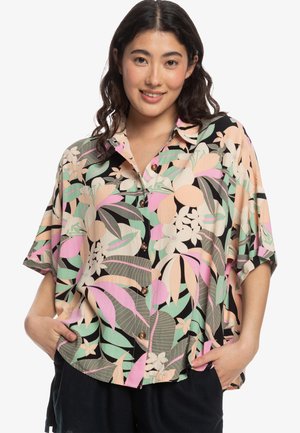 Short-sleeve, button-up shirt featuring a floral and leaf pattern in pink, green, and beige on a black background; relaxed fit.