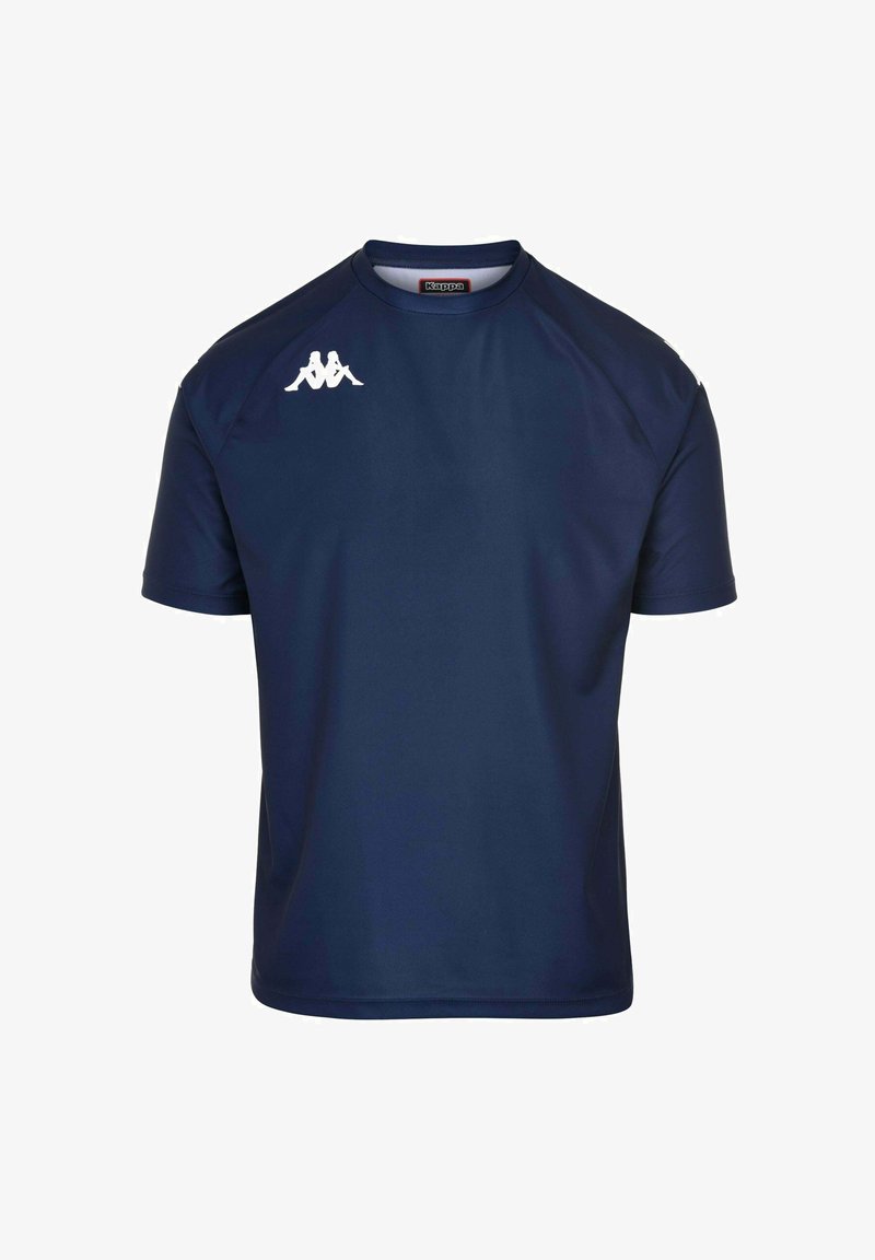 T-shirt de sport bleu marine en tissu lisse, avec un col rond et un logo blanc sur la poitrine gauche. Manches courtes.