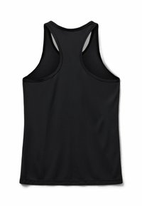 Čierny športový top s pretekárovým strihom, so hladkou textúrou a bez ďalších vzorov alebo akcentov.