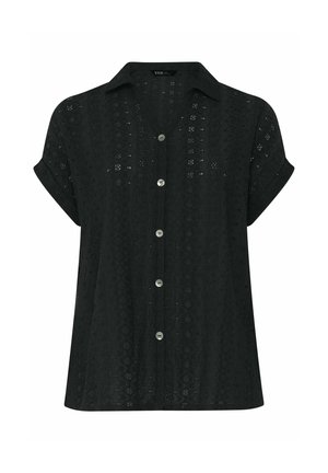 Schwarze Kurzarm-Spitzenbluse mit Kragen und sechs Knöpfen vorne, mit einem dezenten floralen und geometrischen Muster.