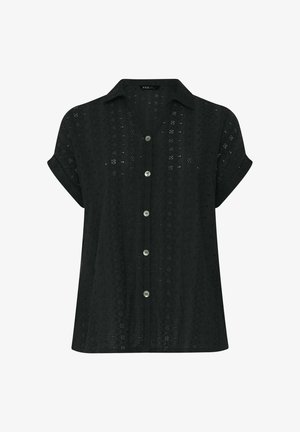 Schwarze Kurzarm-Spitzenbluse mit Kragen und sechs Knöpfen vorne, mit einem dezenten floralen und geometrischen Muster.