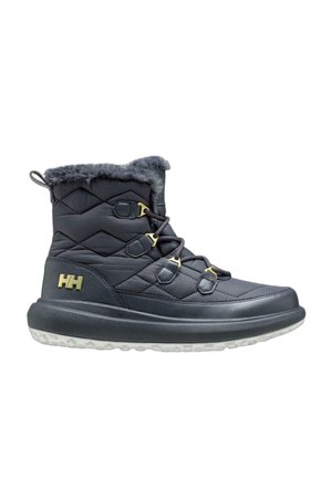 Botte d'hiver noire matelassée avec manchette en fausse fourrure, semelle en caoutchouc et détails en métal doré ; elle est équipée de lacets et d'un col rembourré pour plus de confort.