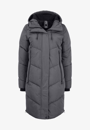 Szary długi puchowy płaszcz z kapturem, zapinany na zamek z przodu, z bocznymi kieszeniami i elastycznymi mankietami. Ma pikowany wzór dla lepszej izolacji.