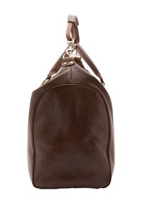 Bruine leren reistas met een gestructureerd oppervlak, ronde vorm, dubbele handvatten en metalen hardwareaccenten voor een veilige sluiting.