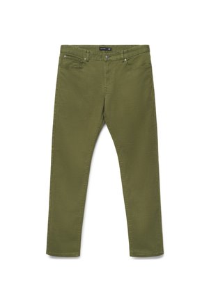 Olivgrüne Slim-Fit-Hose mit Vorder- und Gesäßtaschen, Knopf- und Reißverschluss, flach auf weißem Hintergrund präsentiert.