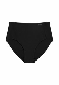 Ropa interior negra de talle alto hecha de tela suave con una textura lisa. Presenta un diseño minimalista y una marca sutil en la pretina.