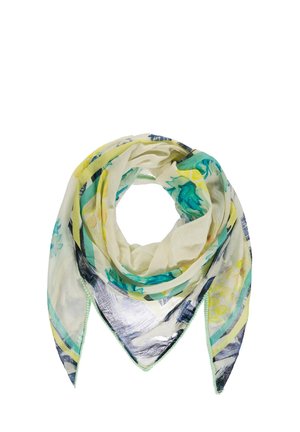Lekki trójkątny szalik z abstrakcyjnymi wzorami w odcieniach morskim, żółtym, czarnym i szarym przypominającymi akwarele na kremowym tle.