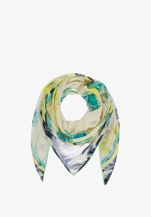 Lekki trójkątny szalik z abstrakcyjnymi wzorami w odcieniach morskim, żółtym, czarnym i szarym przypominającymi akwarele na kremowym tle.