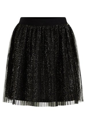 Czarna spódnica z tiulu z rozproszonym złotym brokatem, marszczona w pasie, rozszerzająca się w sylwetkę w kształcie litery A.