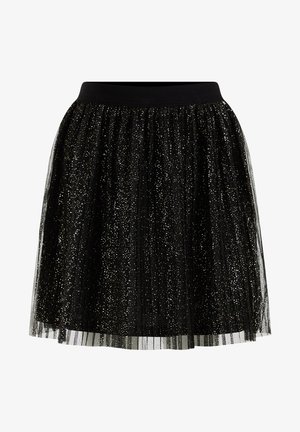 Schwarzer Tüllrock mit verstreutem goldenen Glitzer, am Bund gerafft und in eine A-Linien-Silhouette ausgestellt.
