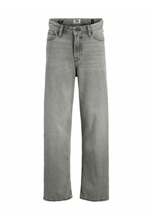 Jean en denim gris à jambes droites avec cinq poches et passants pour ceinture, fermeture par bouton et fermeture éclair, étiquette Jack & Jones à l'intérieur de la ceinture.