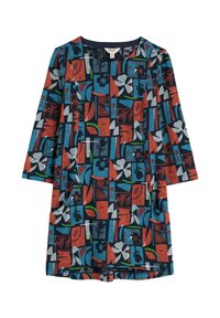 Dolga obleka s kratkimi rokavi in okroglim izrezom, ki vsebuje abstraktne cvetlične in listnate vzorce v modri, oranžni, zeleni, črni in beli barvi.