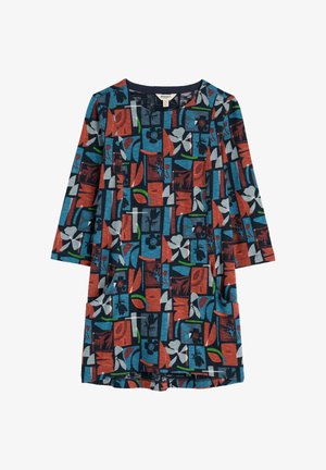 Dlhé šaty s okrúhlym výstrihom, zdobené abstraktnými kvetinovými a listovými vzormi v modrej, oranžovej, zelenej, čiernej a bielej farbe.