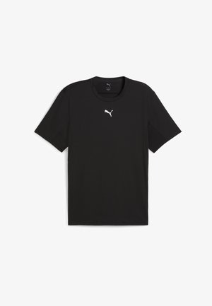 Schwarzes T-Shirt mit kurzen Ärmeln aus Baumwolle, mit rundem Halsausschnitt und kleinem weißen Puma-Logo auf der Brust. Einfaches, klares Design.