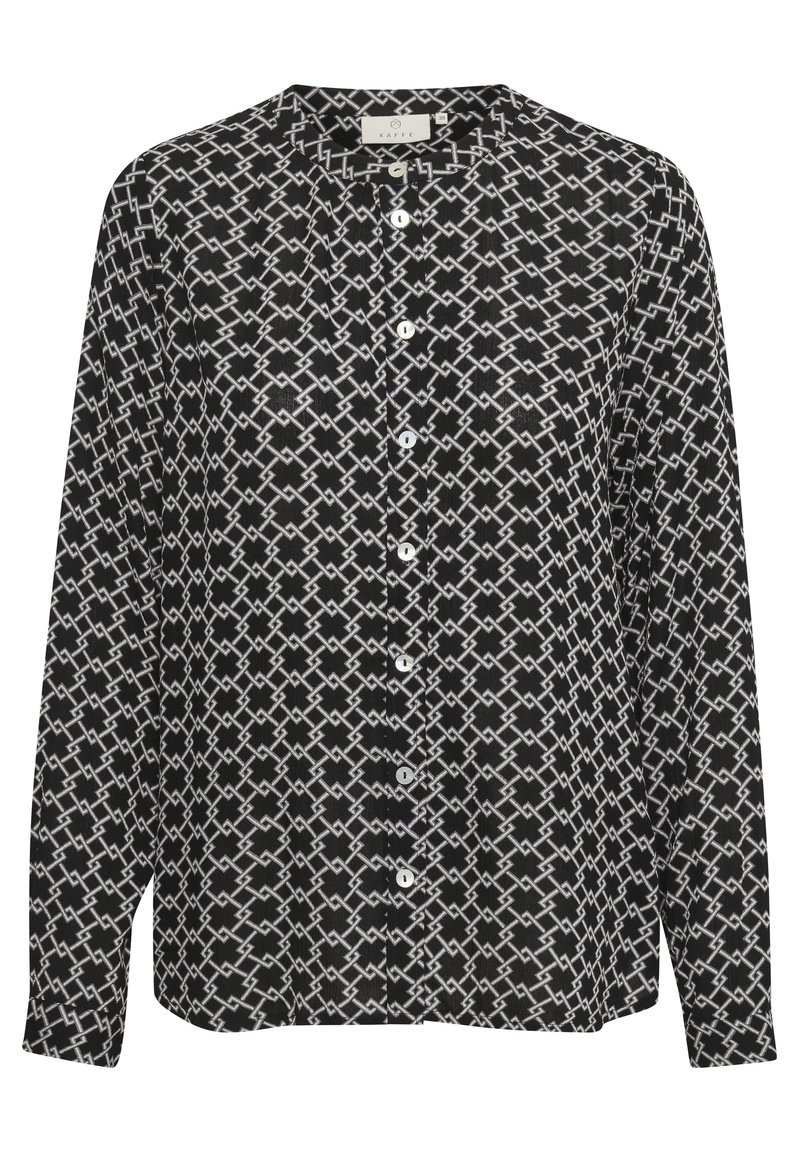 Zwart-wit gestreepte blouse met lange mouwen, knoopsluiting aan de voorkant en een ronde halslijn. Gemaakt van lichte stof met een geometrisch ontwerp.