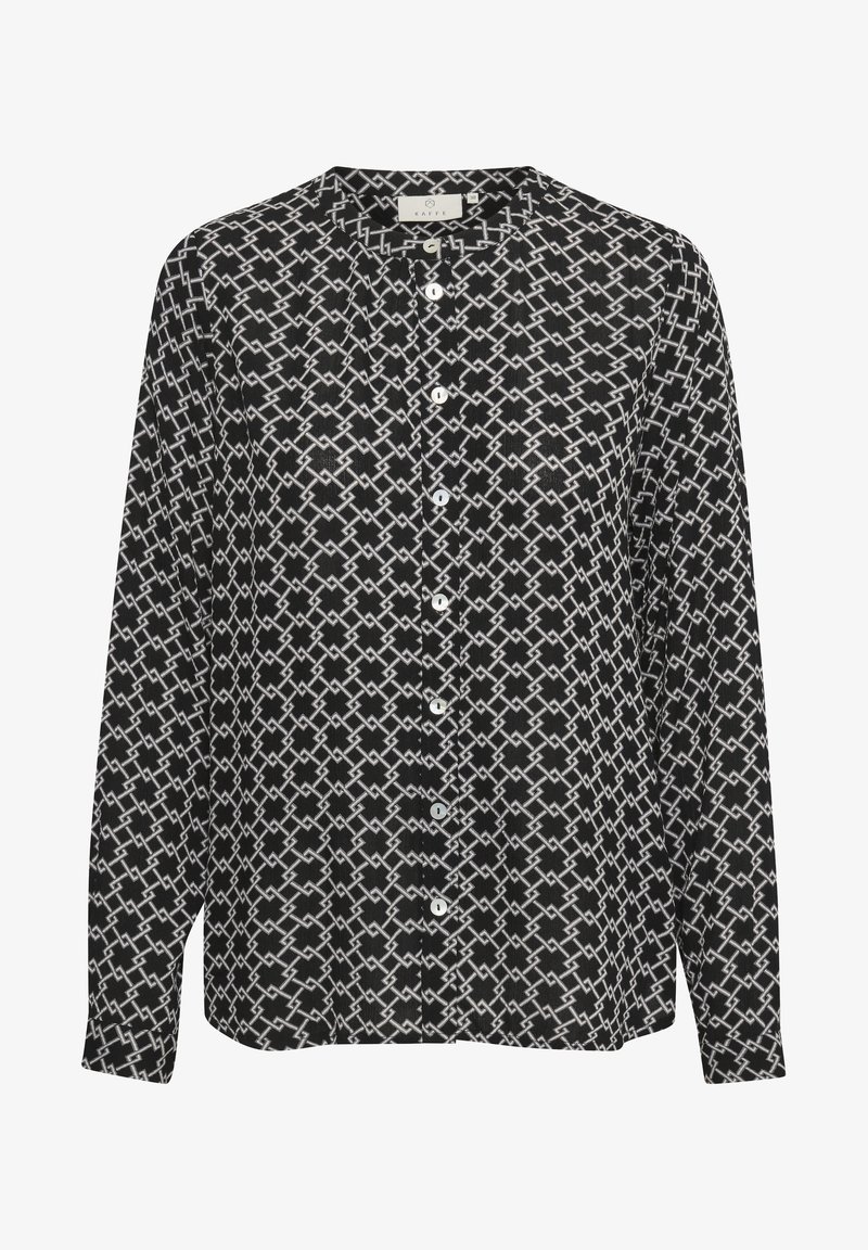 Zwart-wit gestreepte blouse met lange mouwen, knoopsluiting aan de voorkant en een ronde halslijn. Gemaakt van lichte stof met een geometrisch ontwerp.